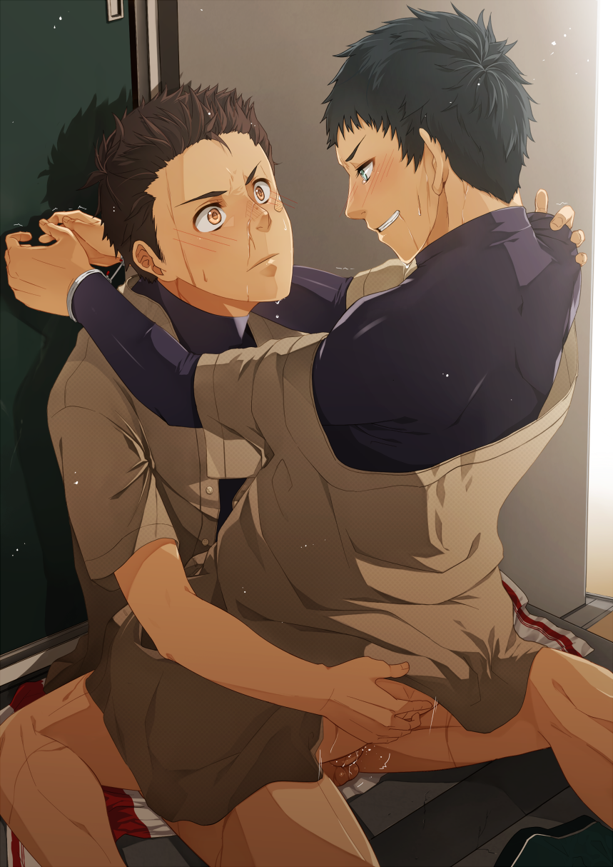 2boys blue_hair blush brown_hair clothes_on cuffs desk gay handcuffs happy_sex haskey_ highres human male male_only multiple_boys partially_clothed penis school_uniform sex yaoi