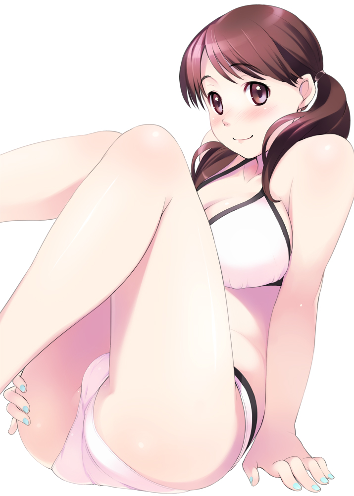 1girl aqua_nails bad_id bikini breasts brown_eyes brown_hair cameltoe cleavage female large_breasts legs_up long_hair nail_polish original oryou smile solo swimsuit twintails