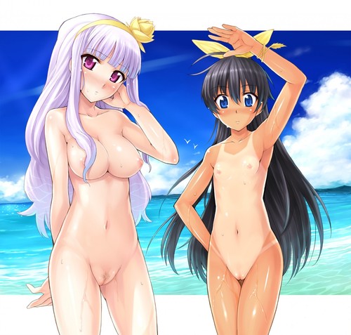 2_girls animal armpits arms_up beach big_breasts bird black_hair blue_eyes blush bow breasts caustics cloud contentious_content dark_skin day female female_only female_pubic_hair ganaha_hibiki hair_bow hair_ornament hairband head_tilt hidebou high_resolution idolmaster idolmaster_(classic) lavender_hair light_purple_hair long_hair looking_at_viewer medium_breasts multiple_girls navel nipples nude nudist ocean one-piece_tan one_arm_up outdoor_nudity outside pink_eyes ponytail pubic_hair purple_eyes purple_hair pussy shijou_takane shiny shiny_hair shiny_skin sky small_breasts tan_line tanned tied_hair uncensored water wet