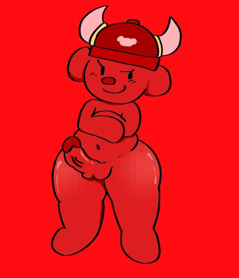1girl balls bear_(game) bear_alpha big_thighs broken_penis grossthing_(artist) looking_at_viewer non-human_only penis red_body red_viking_(bear) send_help stardraw64 suck_it thighs toony toony_face viking