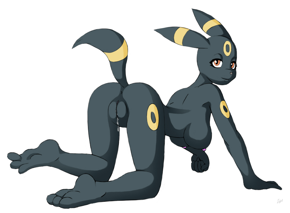 all_fours anus ass breasts cum female looking_back nipples plain_background pokemon pokemorph pussy pussy_juice sideboob solo tail umbreon white_background