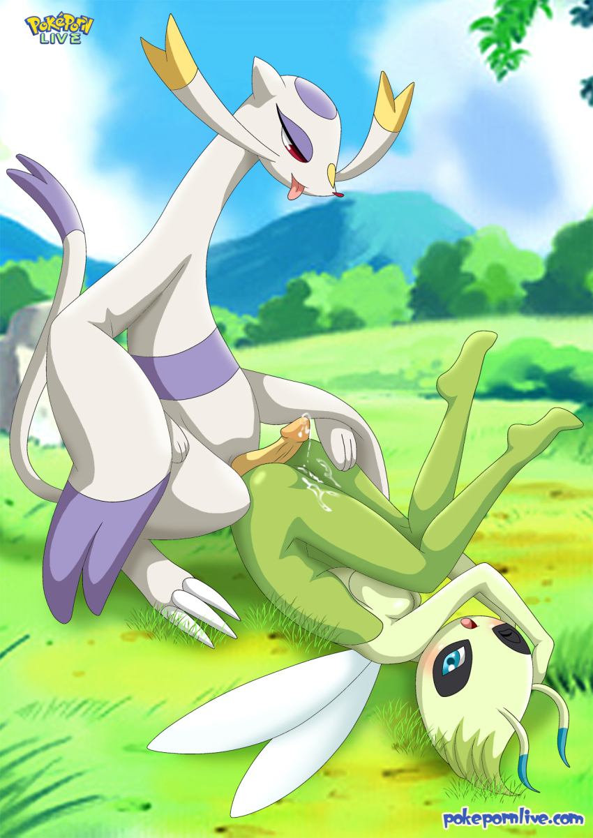 bbmbbf blue_eyes breasts celebi claws cum female hetero male mienshao nintendo outside palcomix penis pokemon pokepornlive red_eyes tongue tongue_out
