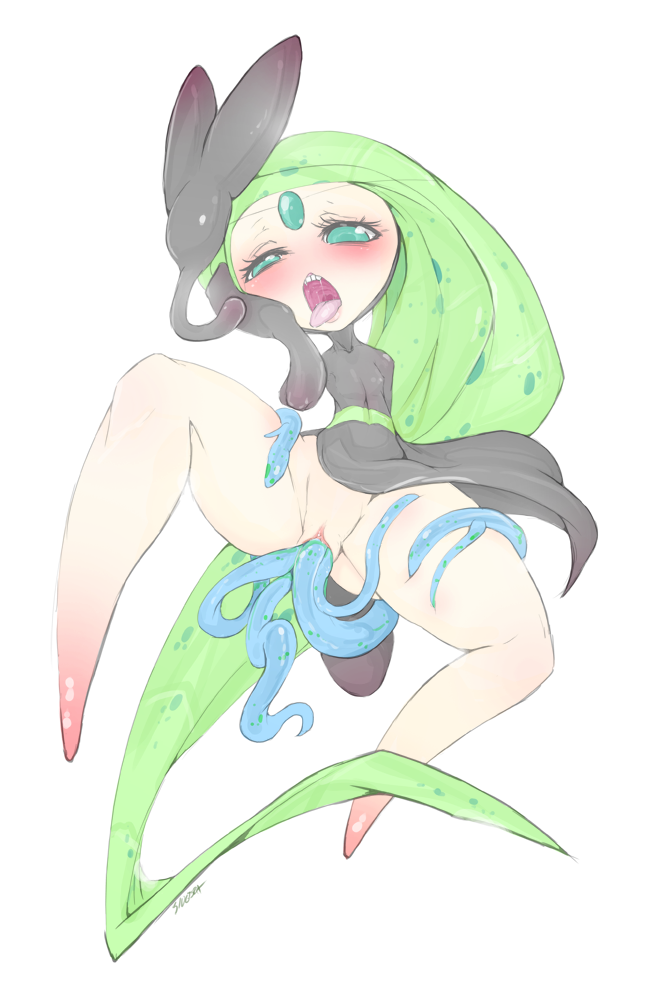 1girl artist_name blush female furry green_eyes hair_ornament meloetta nintendo open_mouth pokemon pussy saliva sex slugbox solo tentacle thick_thighs thighs tongue white_background