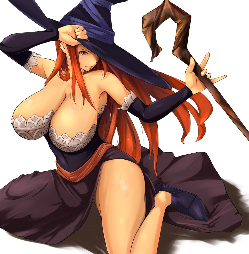1girl bare_shoulders breasts brown_eyes brown_hair cleavage curvy detached_sleeves dragon's_crown dragon's_crown dress hat hawoku_ishibare huge_breasts legs long_hair on_ground orange_hair simple_background sitting solo sorceress sorceress_(dragon's_crown) sorceress_(dragon's_crown) spread_legs staff strapless_dress vanillaware weapon white_background witch witch_hat
