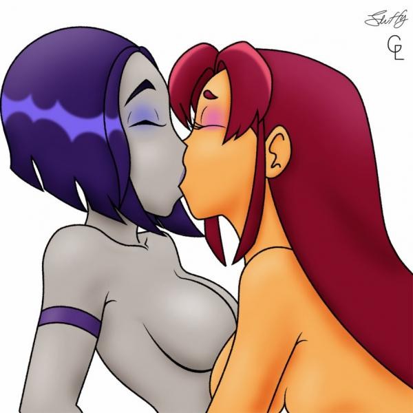 2girls arm armband arms artist_request babe bare_shoulders breasts collarbone eyeshadow female friends grey_skin hair kiss kissing love multiple_girls mutual_yuri neck no_nipples nude purple_hair raven_(dc) red_hair redhead simple_background starfire teen_titans white_background yuri