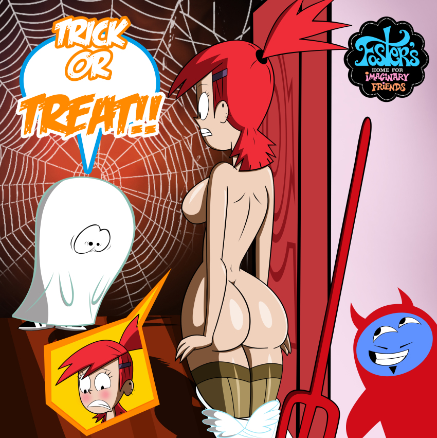 1_girl 2_boys bloo female foster's_home_for_imaginary_friends frankie_foster ghost_costume grimphantom grimphantom_(artist) halloween halloween_costume surprised