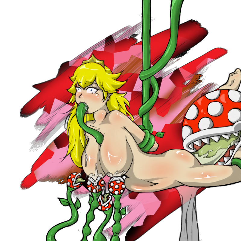 1girl big_breasts blonde_hair breast_sucking breasts female female_human human impossible_fit interspecies long_hair nude oral oral_penetration piranha_plant plant princess_peach questionable_consent sly_seon stomach_deformation sucking_breasts super_mario_bros. tentacle_in_mouth tentacles tongue_insertion vines