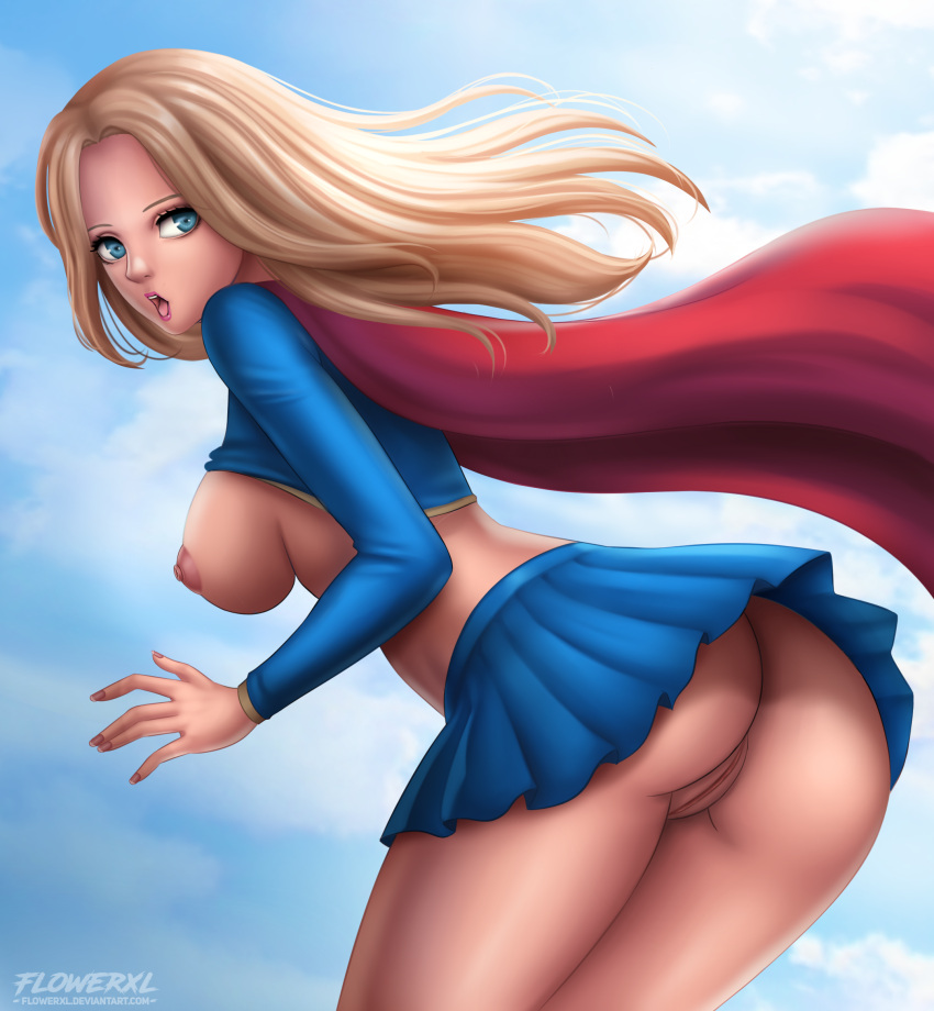 1girl artist_logo ass big_breasts blonde_hair blue_eyes blue_skirt breasts cape comic_book_character costume curvy_body curvy_female curvy_figure daytime dc_comics deviantart_username erect_nipples female_only flowerxl heroine kara_danvers kara_zor-el kryptonian large_ass light-skinned_female light_skin logo long_hair medium_breasts nipples no_panties nude pink_lipstick pussy red_cape scared scared_expression shirt_up side_view skirt sky sleeves straight_hair supergirl supergirl_(series) superheroine superman_(series) teen thick_thighs