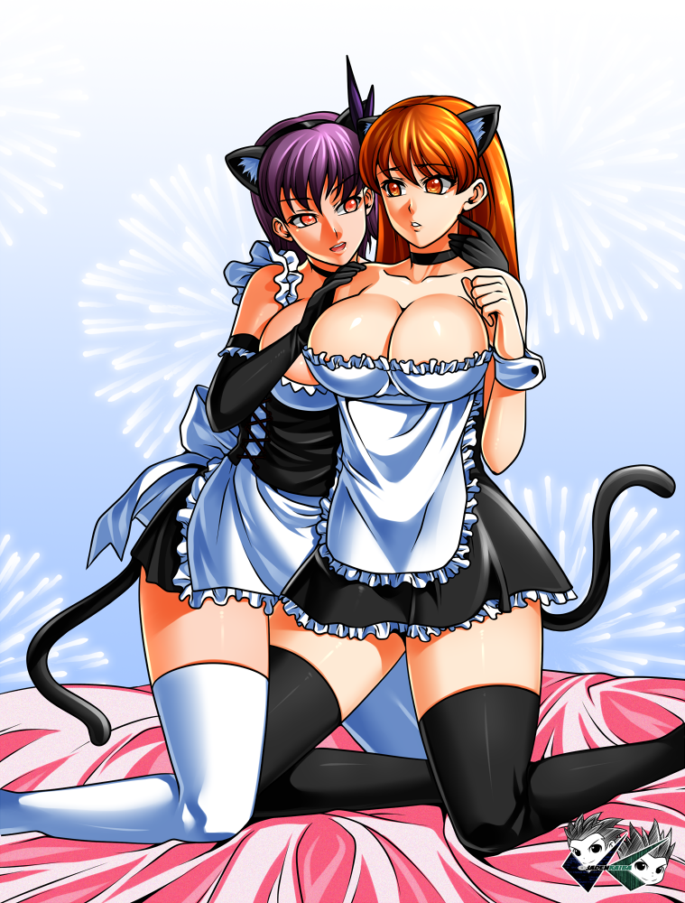 2_girls alluring alternate_costume animal_ears apron ayane ayane_(doa) bare_shoulders bed big_breasts black_gloves black_legwear breasts cat_ears cat_tail choker cleavage collarbone cousins dead_or_alive dead_or_alive_2 dead_or_alive_3 dead_or_alive_4 dead_or_alive_5 dead_or_alive_6 dead_or_alive_xtreme dead_or_alive_xtreme_2 dead_or_alive_xtreme_3_fortune dead_or_alive_xtreme_beach_volleyball dead_or_alive_xtreme_venus_vacation dress elbow_gloves enmaided eye_contact fake_animal_ears female_focus frilled_dress frills gloves hand_on_another's_neck hand_on_another's_shoulder incest jadenkaiba kasumi kasumi_(doa) kneel legs long_hair looking_at_another looking_to_the_side maid maid_apron multiple_girls neck orange_eyes orange_hair parted_lips purple_hair red_eyes round_teeth short_hair siblings silf silfs sisters stockings strapless strapless_dress tail tecmo teeth white_legwear wrist_cuffs yuri