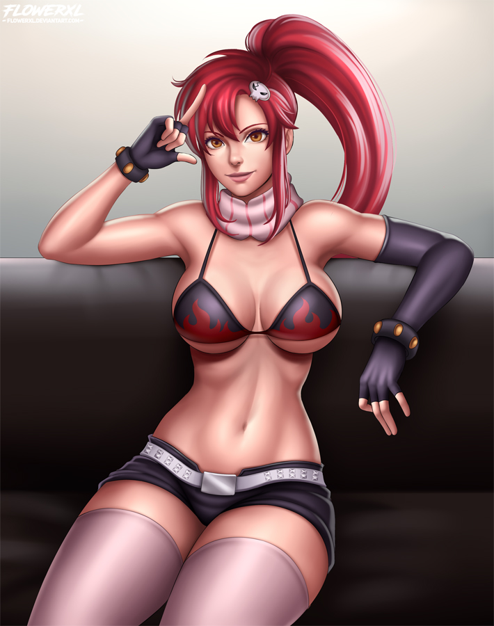 1girl bra breasts cleavage clothed clothed_female clothes clothing female_only flowerxl fully_clothed gesture long_hair looking_at_viewer orange_eyes pinup red_hair shorts sitting stockings tengen_toppa_gurren-lagann yoko_littner