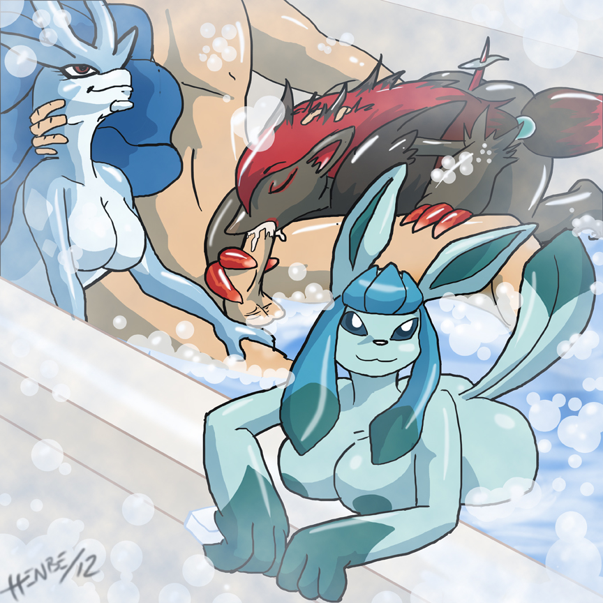 1_human 1_male 1boy 2012 3_anthros 3_females 3_fingers 3girls 4_fingers anthro anthrofied bath bathtub bent_over breasts cum_in_mouth eeveelution fellatio female foursome glaceon henbe huge_breasts human human/anthro kneeling legendary_pok&eacute;mon legendary_pokemon male/female male_human male_human/female_anthro massive_breasts multiple_girls nintendo nude oral pokemon pokemon_(game) pokemon_(species) pokemon_crystal pokemorph pokephilia sitting smile soap steam sucking suicune suicune_(pokemon) testicles video_games water zoroark
