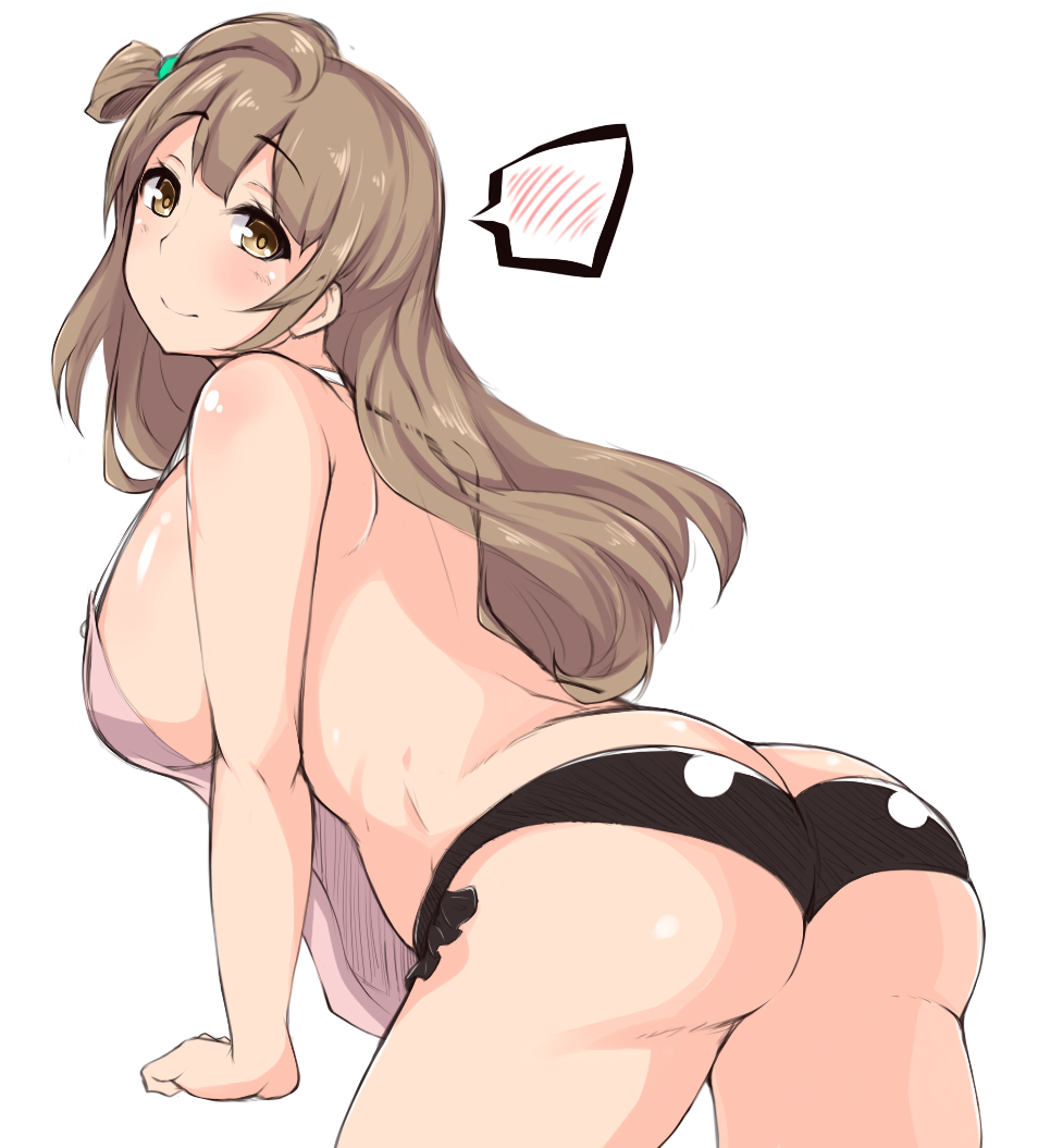 1girl apron ass bad_id black_panties blush breasts brown_eyes brown_hair butt_crack female hair_ornament large_breasts long_hair looking_back love_live!_school_idol_project minami_kotori moisture_(chichi) nearly_naked_apron panties side_ponytail simple_background smile solo spoken_blush underwear white_background