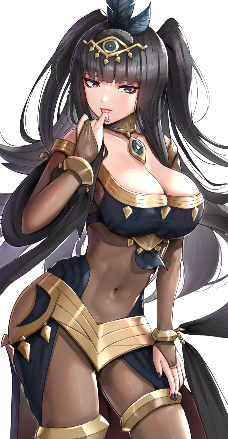 1girl 1girl 1girl alluring alternate_costume bangs bare_shoulders big_breasts black_hair blunt_bangs bodystocking bracer breasts bridal_gauntlets circlet cleavage covered_navel cowboy_shot feather_hair_ornament feathers female_only fire_emblem fire_emblem_awakening fire_emblem_heroes gonzarez hair_ornament high_res jewelry licking licking_finger long_hair looking_at_viewer nail_polish neck_ring nintendo official_alternate_costume plegian purple_eyes purple_nails seductive seductive_smile tharja tharja_(fire_emblem) tharja_(plegian)_(fire_emblem) thighlet tongue tongue_out two_side_up very_long_hair
