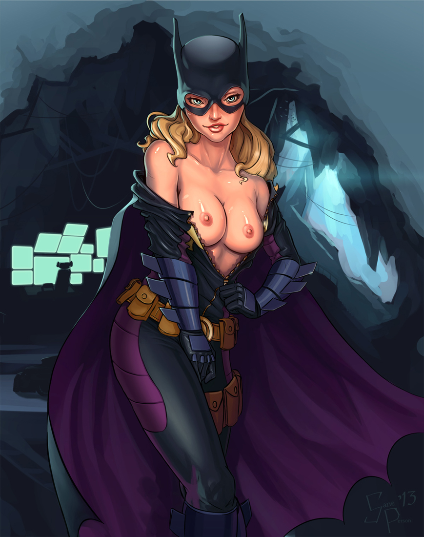 1girl batcave batgirl batman_(series) belt blonde_hair blue_eyes bodysuit breasts cape cave collarbone computer cowl dc dc_comics female female_only full-length_zipper lips mask nipples no_bra off_shoulder saneperson smile solo stephanie_brown thigh_pouch undressing unzipping utility_belt zipper