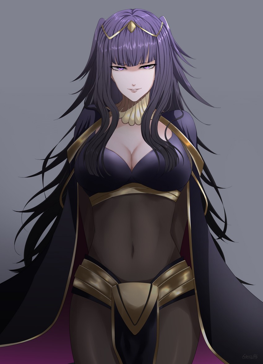 1girl 1girl 1girl 6tea absurd_res alluring arms_behind_back bangs big_breasts black_hair bodystocking bodysuit breasts cape cleavage clothed clothing covered_navel cowboy_shot eyebrows_visible_through_hair female_only fire_emblem fire_emblem_awakening grey_background hands_behind_back high_res jewelry lips long_hair looking_at_viewer narrowed_eyes parted_lips pelvic_curtain purple_eyes shiny shiny_hair signature simple_background skin_tight smile standing tharja tharja_(fire_emblem) tiara tight_clothing
