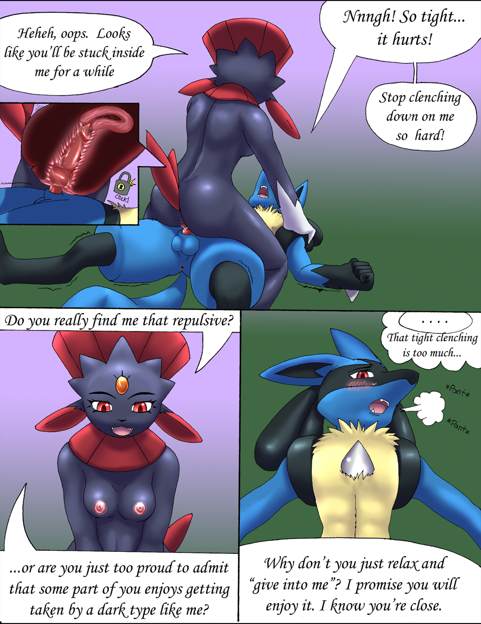 anus ass comic english_text female hetero lucario male penis pokemon pussy sex tail testicles text weavile
