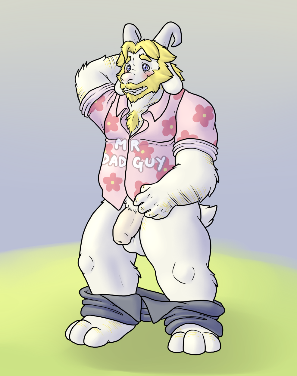 1boy 2d 2d_(artwork) anthro anthro_only asgore_dreemurr balls barefoot blueballs_(artist) blush boss_monster caprine clothing digital_media_(artwork) embarrassed english_text facial_hair flaccid front_view furry furry_only goat goat_horns hand_behind_head hawaiian_shirt horn horns male male_anthro male_only mammal musclegut pants pants_around_ankles pants_around_legs pants_down pants_pulled_down penis solo solo_anthro solo_male standing tail tail_tuft text uncut undertale undertale_(series) video_game_character video_game_franchise video_games white_fur