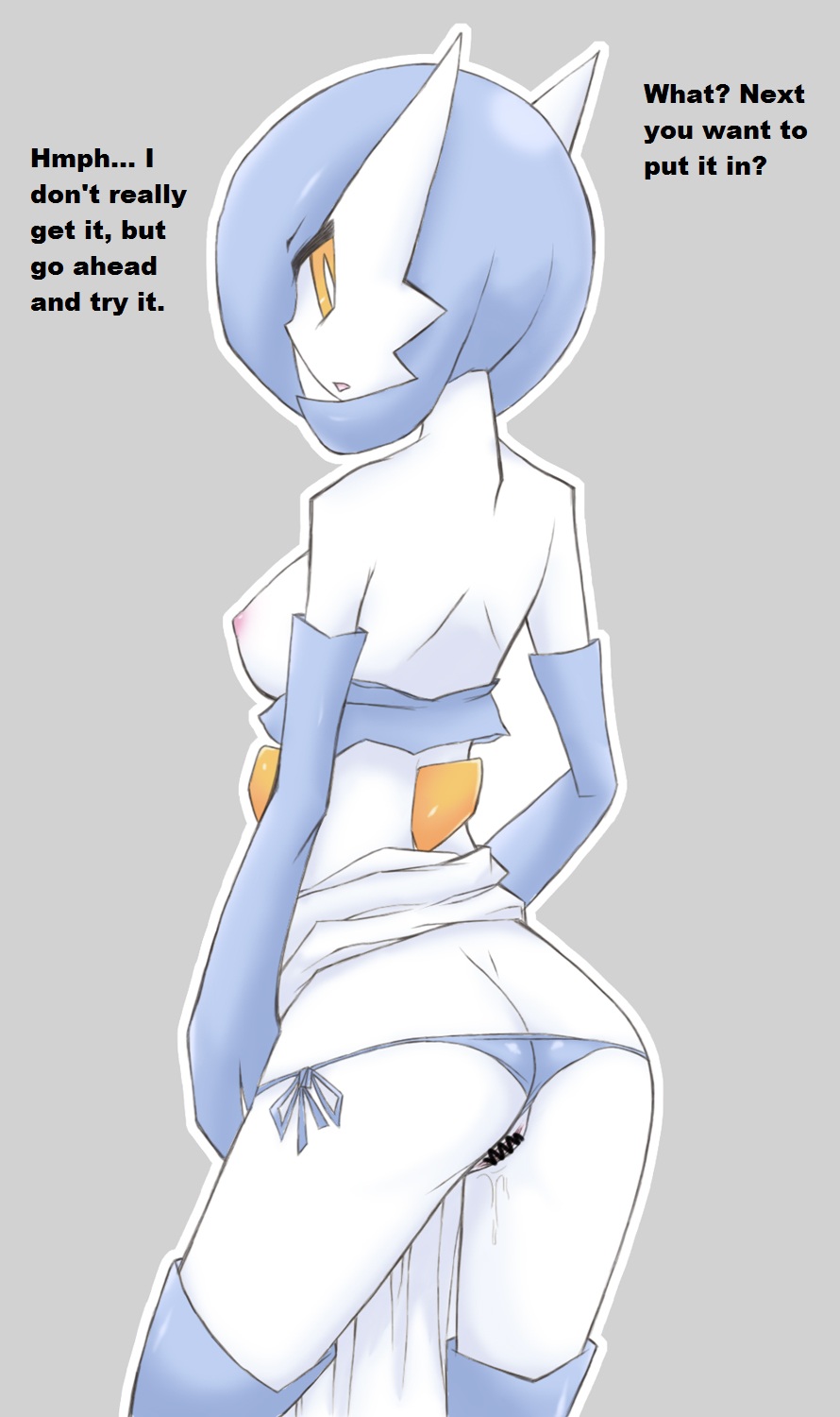 1_anthro 1_female 1_girl alternate_color anthro anthro_only anthro_pokemon blue_hair boots breasts butt censored clothed english_text exposed_breasts female female_anthro female_only gardevoir hair ikanomaru looking_at_viewer looking_back nintendo panties panties_aside panty_pull pokemon pussy pussy_juice shiny_pokemon slit_pupils solo standing translated underwear video_games