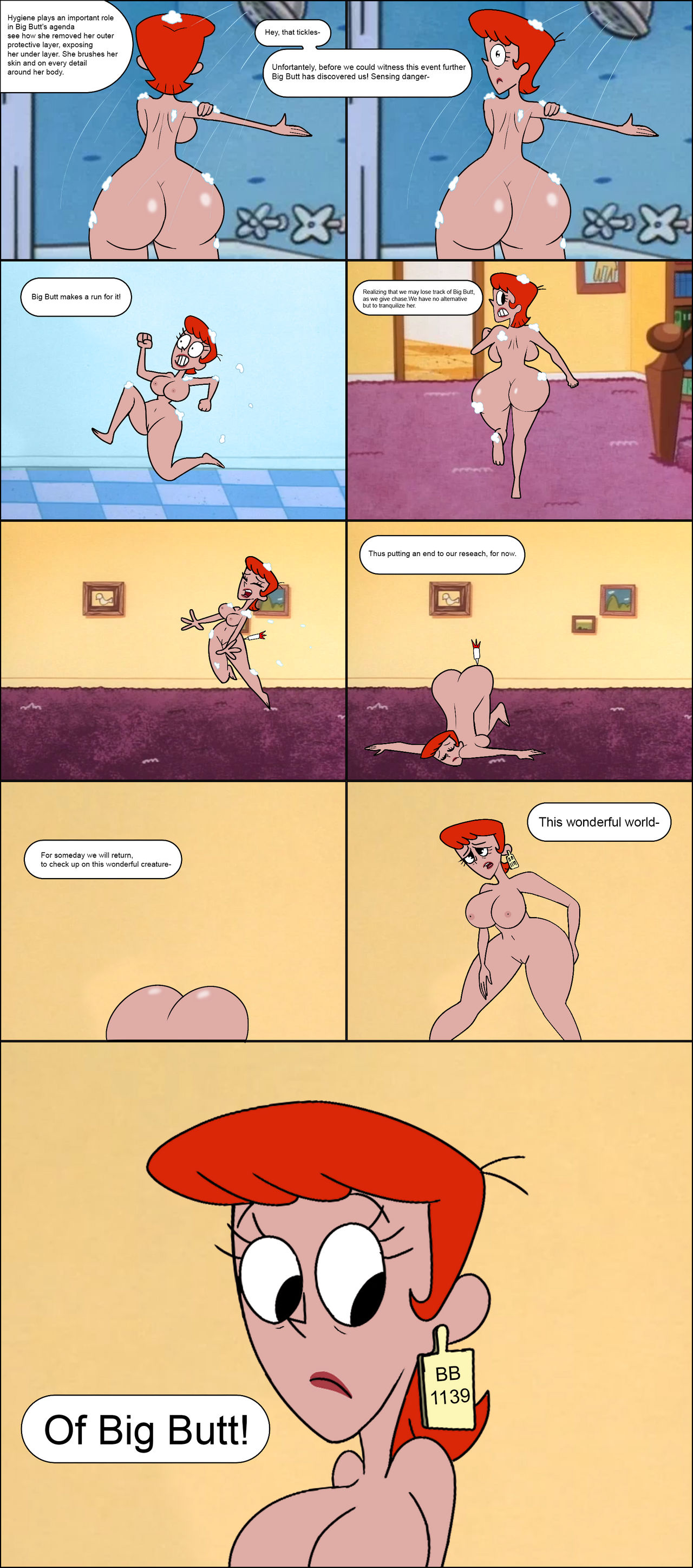 1girl ass bent_over big_ass breasts comic dexter's_laboratory dexter's_mom ear_tag nipples nude nude_female red_hair running short_hair tranquilizer_dart