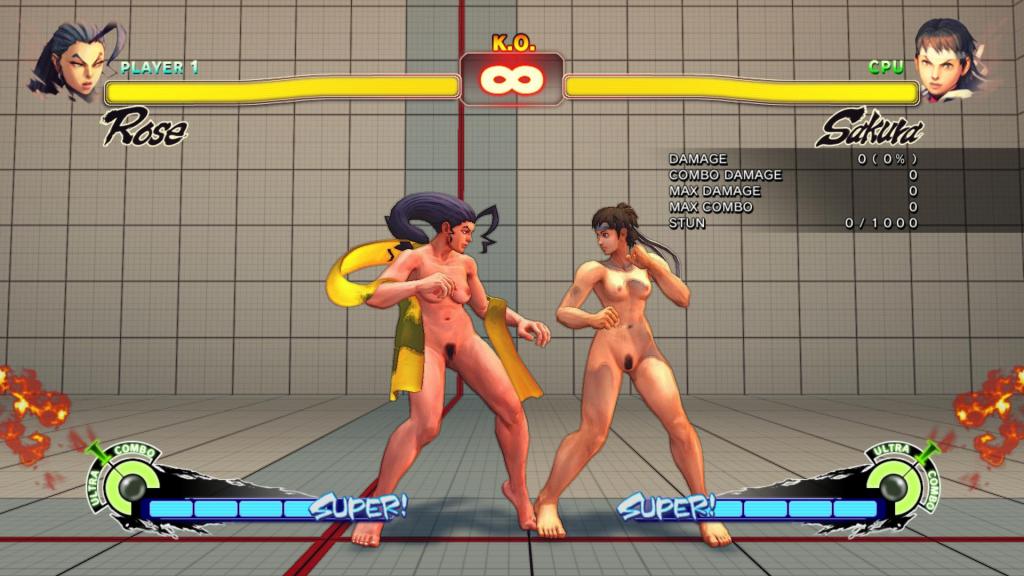 2girls fighting_stance nude_female rose_(street_fighter) sakura_kasugano screen_capture street_fighter_iv