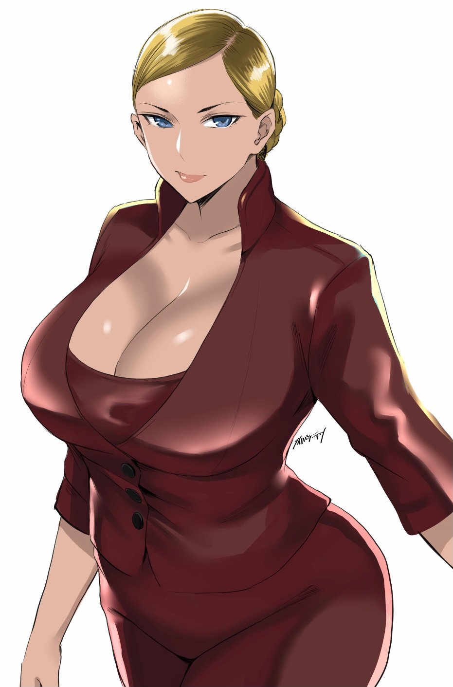 1girl 1girl android artist_name big_breasts big_breasts blonde_hair blouse blue_eyes breasts cleavage clothed clothed_female clothes clothing collarbone commission curvy eyelashes female_focus female_only fully_clothed hair_bun high_res hips huge_breasts humanoid kristanna_loken lips lipstick long_hair looking_at_viewer makeup pants pink_lipstick robot robot_girl shiibara_tetsu short_sleeves signature simple_background solo_female solo_focus t-x tagme tan_skin terminator terminator_3:_rise_of_the_machines thick thick_thighs thighs tied_hair voluptuous white_background wide_hips