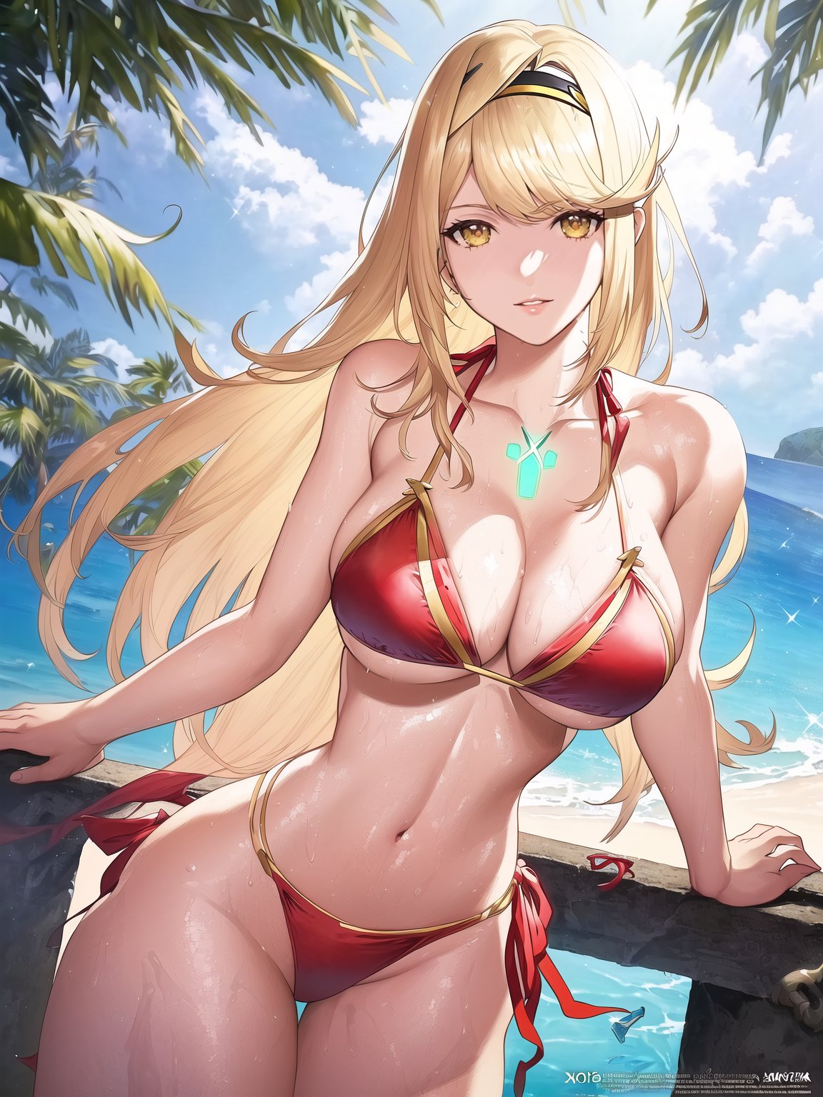 1girl alluring big_breasts bikini_top blonde_hair core_crystal curvaceous curvy_body curvy_figure female_only high_res high_resolution long_hair looking_at_viewer mythra nightcore_(artist) nintendo voluptuous voluptuous_female wet wet_breasts xenoblade_(series) xenoblade_chronicles_2