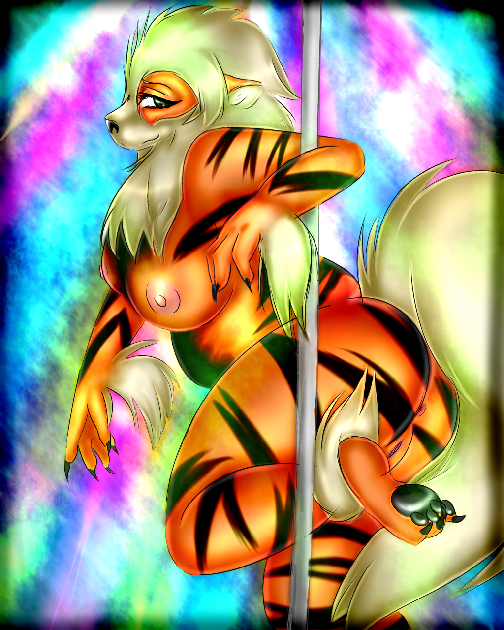 abstract_background arcanine black_eyes breasts butt canine creatures_(company) dancing fluffy_tail game_freak gen_1_pokemon green_eyes half-closed_eyes looking_at_viewer mane nintendo orange_fur pokemon pokemon_(anime) pokemon_(creature) pokemon_(game) pokemon_(species) pokemon_red_green_blue_&amp;_yellow pokemon_rgby pole pole_dancing porkyman pussy setsukaaiko striped_fur stripes stripper stripper_pole stripping toe_claws windie_(pokemon)