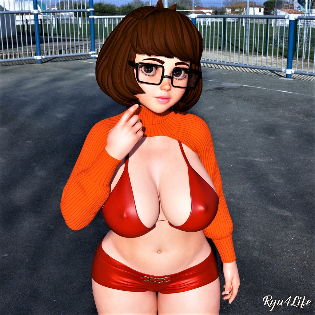 bra breasts erect_nipples_under_clothes flashing glasses ryu4life scooby-doo shorts sweater_lift thighs velma_dinkley