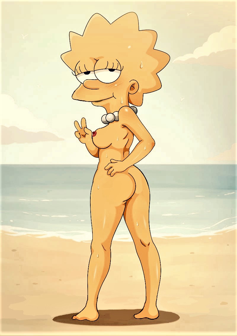 1girl ass back_view beach breasts child daeye edit erect_nipples hand_on_hip lisa_simpson loli lolicon looking_at_viewer looking_back looking_back_at_viewer necklace nipples nude nude_edit ocean outside posing rear_view solo the_simpsons thighs v