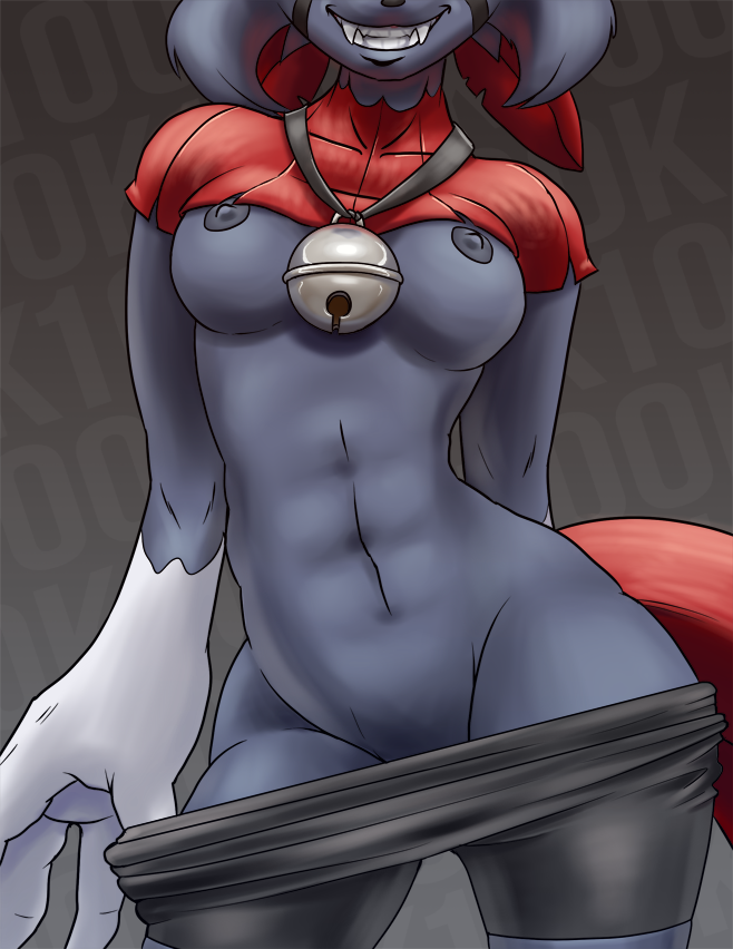 anthro bell breasts female necklace nintendo nipples pokemon seductive smile solo teckworks tight_clothing topless undressing video_games weavile
