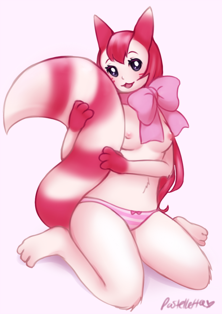 1_anthro 1_female 1_girl anthro anthro_only anthro_pokemon anthrofied breasts clothed female female_anthro female_only furret hugging_tail kneeling long_tail looking_at_viewer nintendo panties pastelletta_(artist) pink_background plain_background pokemon ribbons sitting small_breasts solo topless underwear video_games
