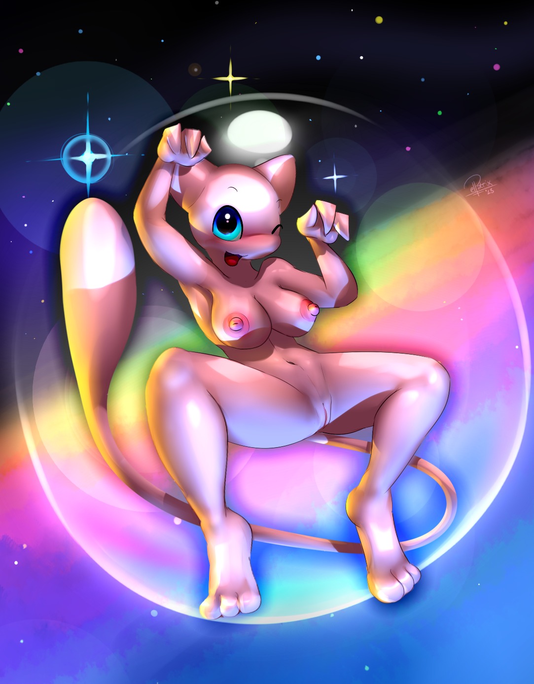 2013 3_toes :d anthro armpits barefoot black_eyes blue_eyes blush breasts bubble elpatrixf female highres mew navel nintendo nipples nude one_eye_closed outer_space pink_skin pokemon pokemon_snap presenting presenting_pussy pussy rainbow rainbow_pattern raised_arm shadow shiny skin solo spread_legs spreading star tail video_games