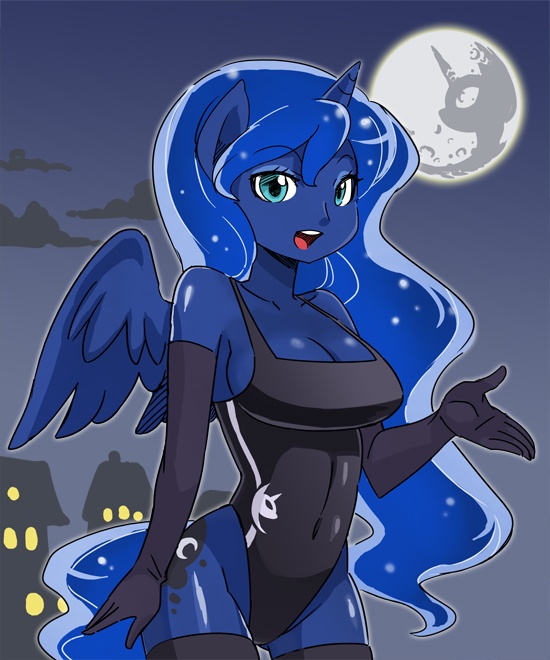 blush breasts city cutie_mark equine female friendship_is_magic horn horse moon my_little_pony one-piece_swimsuit pony princess_luna shepherd0821 solo stockings swimsuit text winged_unicorn wings
