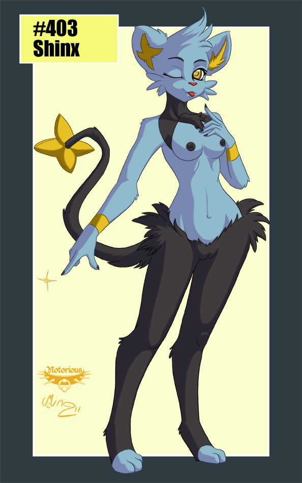 2012 anthro breasts collaboration digitigrade feline female furry looking_at_viewer mingchee navel nipples notorious84 pinup plain_background pokemon pokemorph pussy shinx smile solo standing the_pokedex_project tongue tongue_out wink yellow_eyes