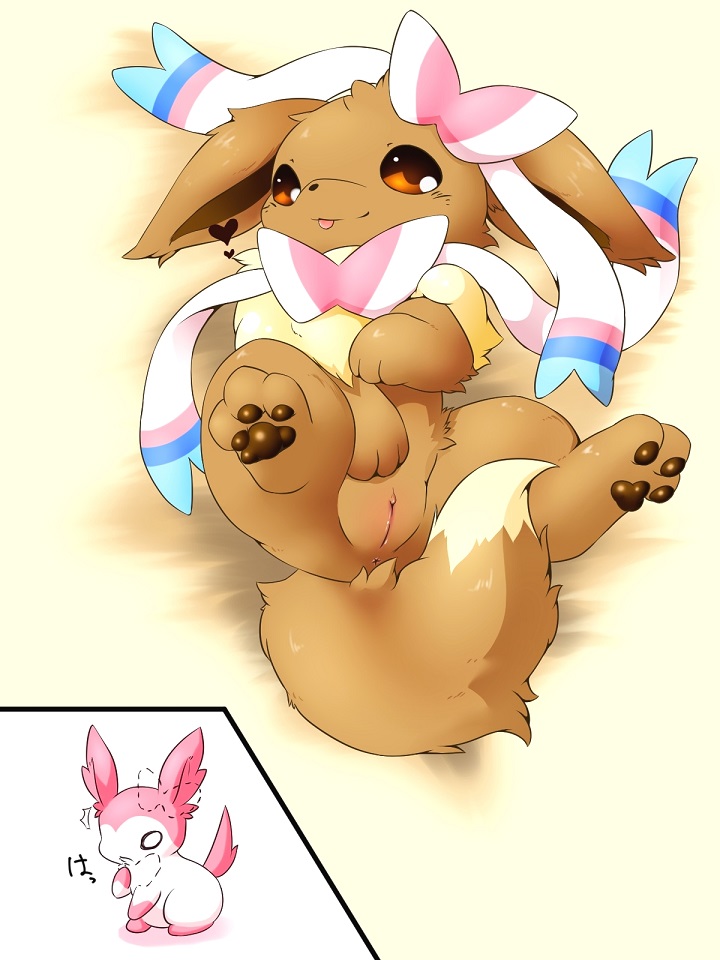 1_female 1girl 3_toes ambiguous_gender anus ass barefoot beige_fur black_nose bow brown_eyes brown_fur brown_skin canine creatures_(company) cute duo eevee eeveelution eievui_(pokemon) fairy_type_pokemon female feral furry game_freak gen_1_pokemon gen_6_pokemon happy heart japanese japanese_text labia long_ears looking_at_viewer lying nintendo normal_type_pokemon nude nymphia_(pokemon) on_back pawpads paws pink_fur plain_background pokemon pokemon_(anime) pokemon_(creature) pokemon_(game) pokemon_(species) pose presenting presenting_hindquarters presenting_pussy pussy raised_leg shadow shiny sitting skin smile sylveon tail text tomcat_in_sky tongue tongue_out video_games white_background white_eyes white_fur young