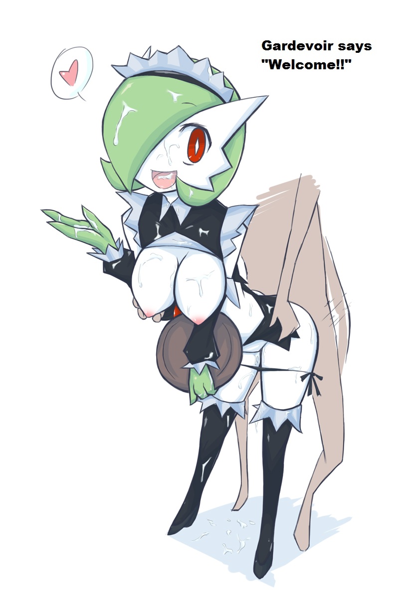 1_anthro 1_female 1_male 1boy 1girl anthro big_breasts boots breasts clothing cum cum_in_mouth cum_on_breasts cum_on_face female gardevoir headdress heart hetero high_heels human ikanomaru interspecies looking_at_viewer maid maid_uniform male male/female male_human nintendo nipples nude open_mouth panties_down plate pokemon pokemorph pokephilia red_eyes sex shirt shirt_lift simple_background standing text translated video_games white_background