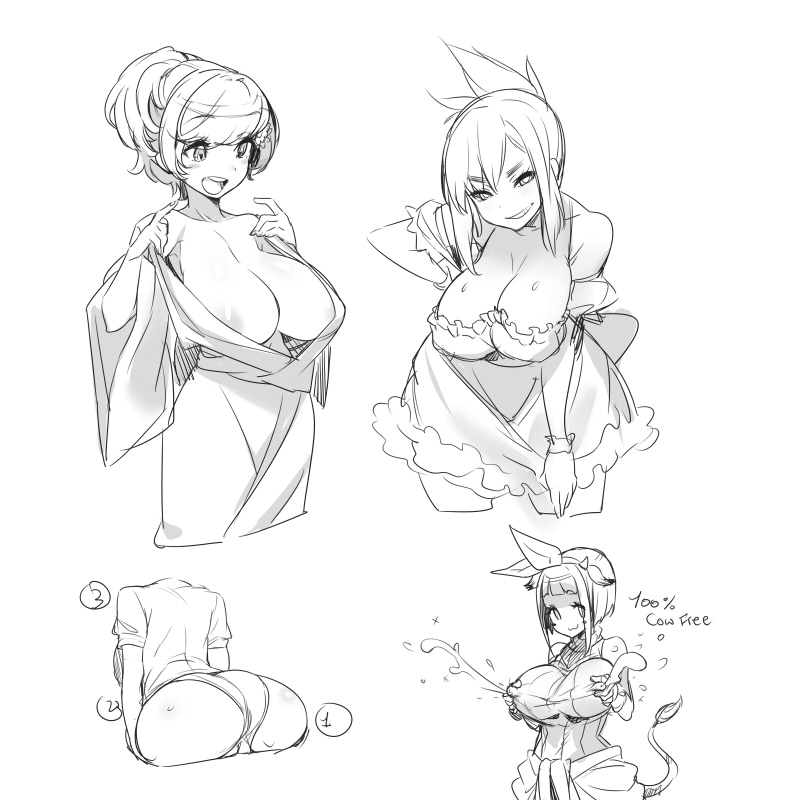 :3 animal_ears areola_slip areolae ass blush body_blush breasts cleavage collage cow_ears cow_girl cow_horns cow_tail downblouse female grin head_tilt headless horns lactation large_breasts leaning_forward milk_leaking_through_clothing monochrome multiple_girls naso4 no_bra open_clothes open_mouth panties payot sagging_breasts shiny shiny_skin sidelocks smile standing sweat tail underwear wide_sleeves