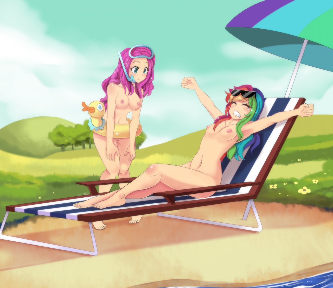 2_girls 2girls art breasts chair closed_eyes day female female_only field float_tube freedomthai_(artist) friendship_is_magic goggles hair hasbro humanized long_hair lounge_chair multiple_girls my_little_pony nipples nude outside pink_hair pinkie_pie pussy rainbow_dash rainbow_hair sitting small_breasts snorkel stretching