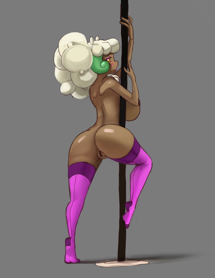 anthro anthrofied big big_breasts blush breasts brown_skin butt eyelashes female footwear grey_background hair ipan looking_at_viewer looking_back nintendo nude open_mouth plain_background pokemon pokÃ©mon pole purple_skin pussy raised_arm shadow shiny short_hair socks solo video_games whimsicott white_hair yellow_eyes