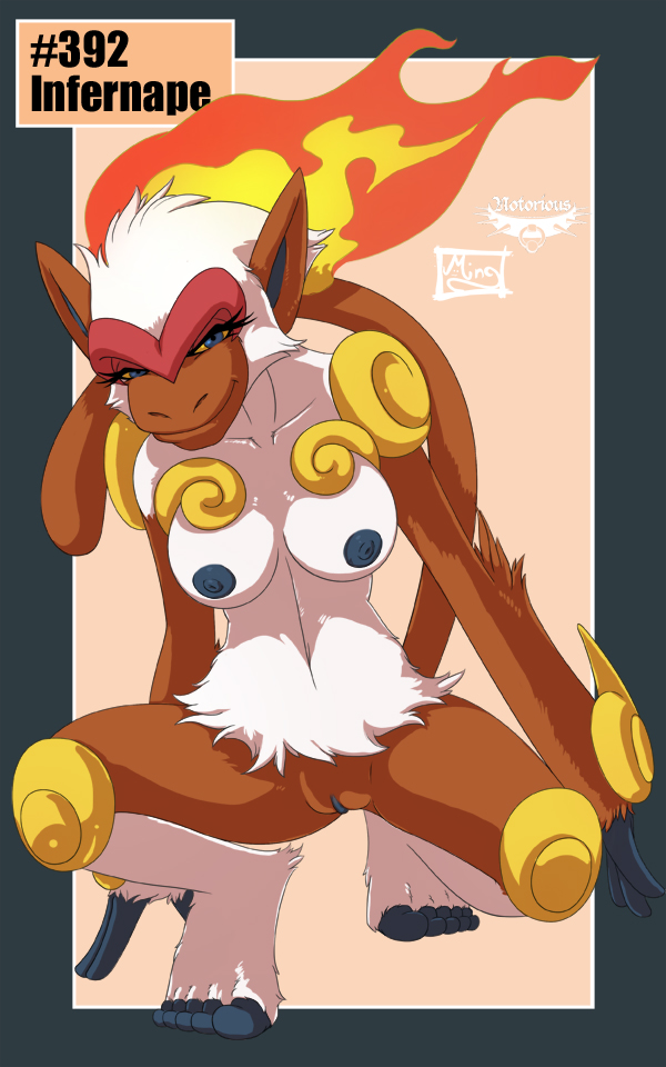 5_toes barefoot blue_eyes breasts brown_fur brown_nose english_text eyelashes female feral fire fur hair happy infernape looking_at_viewer mingchee monkey navel nintendo nipples notorious84 nude number pink_background plain_background pokemon pokÃ©mon primate pussy shadow shiny short_hair smile solo spread_legs spreading text the_pokedex_project toes video_games white_fur white_hair yellow_eyes
