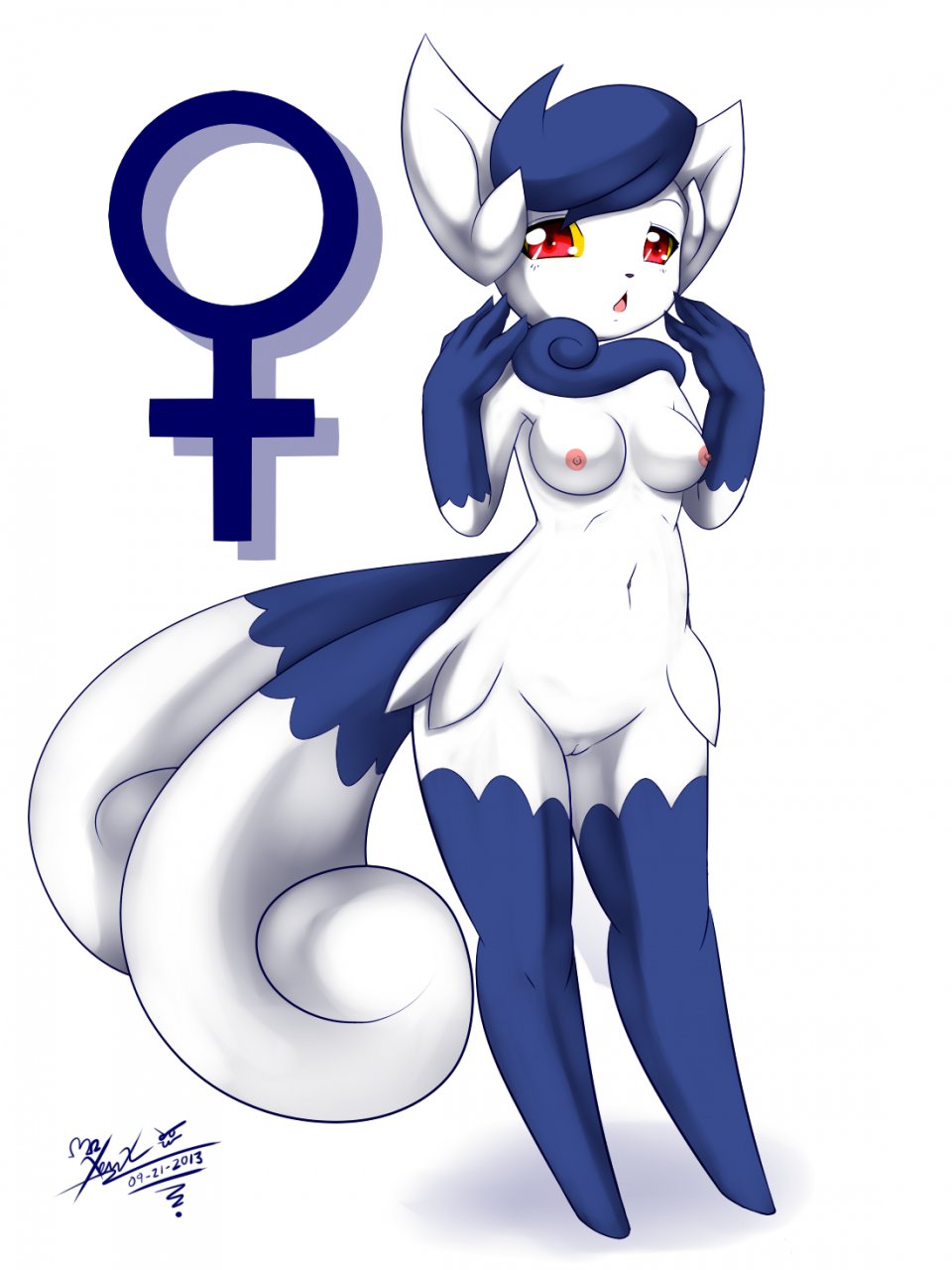 1girl 4_fingers :o anthro anthrofied barefoot belly blue_fur breasts cat claws feline female furry looking_at_viewer meowstic midriff mnxenx001 navel nipples no_humans nude open_mouth pink_skin plain_background pokemon pokemon_(game) pokemon_xy pussy raised_arm red_eyes shadow shiny solo standing tongue white_background white_fur wide_hips yellow_eyes