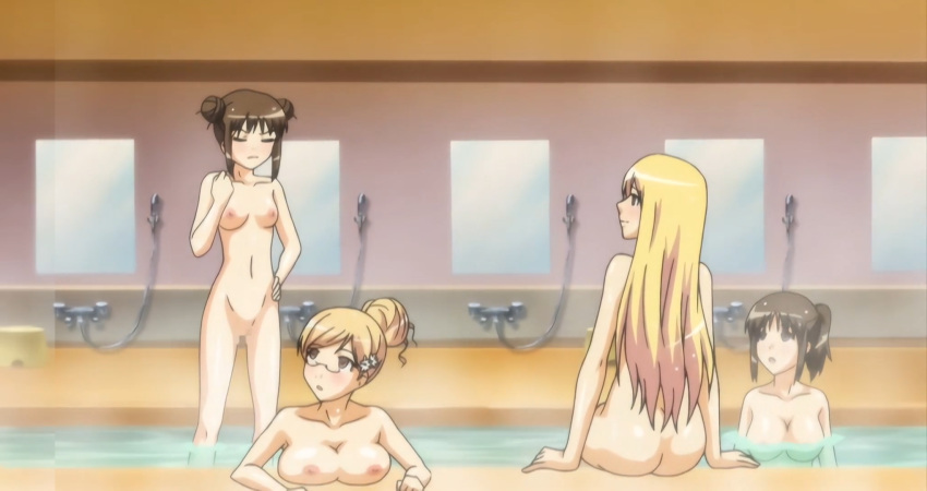 4girls alternate_hairstyle areola big_breasts breasts brown_eyes brown_hair censored closed_eyes dat_ass date_wingfield_reiko double_bun fault!! female_only glasses green_eyes hair_bun hand_on_hip high_res long_hair mosaic_censoring multiple_girls navel nipples nude ponytail pussy saeki_ai screencap sitting small_breasts stitched sugiyama_mio t-rex_(animation_studio) third-party_edit water wet