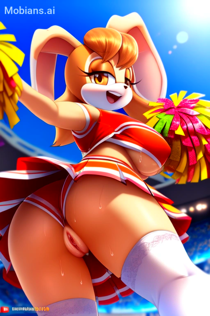1girl ai_generated ass cheerleader from_behind from_below furry furry_female grin huge_breasts mobians.ai open_mouth pom_pom_(cheerleading) pom_poms pussy sega socks sonic sonic_the_hedgehog_(series) spread_pussy stadium stockings sweat teeth under_boob upskirt vanilla_the_rabbit