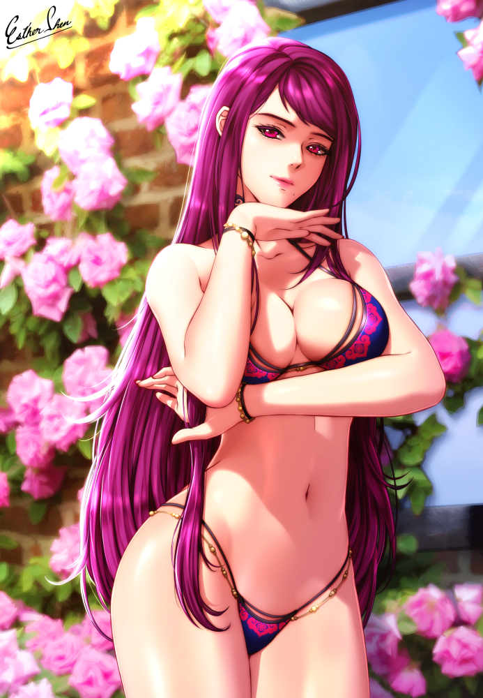 1girl 1girl 1girl alluring alternate_costume arm_under_breasts big_breasts bikini blue_bikini blue_swimsuit breasts cleavage cowboy_shot cut_bangs esther-shen female_only fire_emblem fire_emblem_engage flower ivy_(fire_emblem) long_hair looking_at_viewer mole mole_under_mouth navel nintendo outside pink_eyes pink_flower pink_hair purple_eyes purple_hair rose signature swimsuit very_long_hair