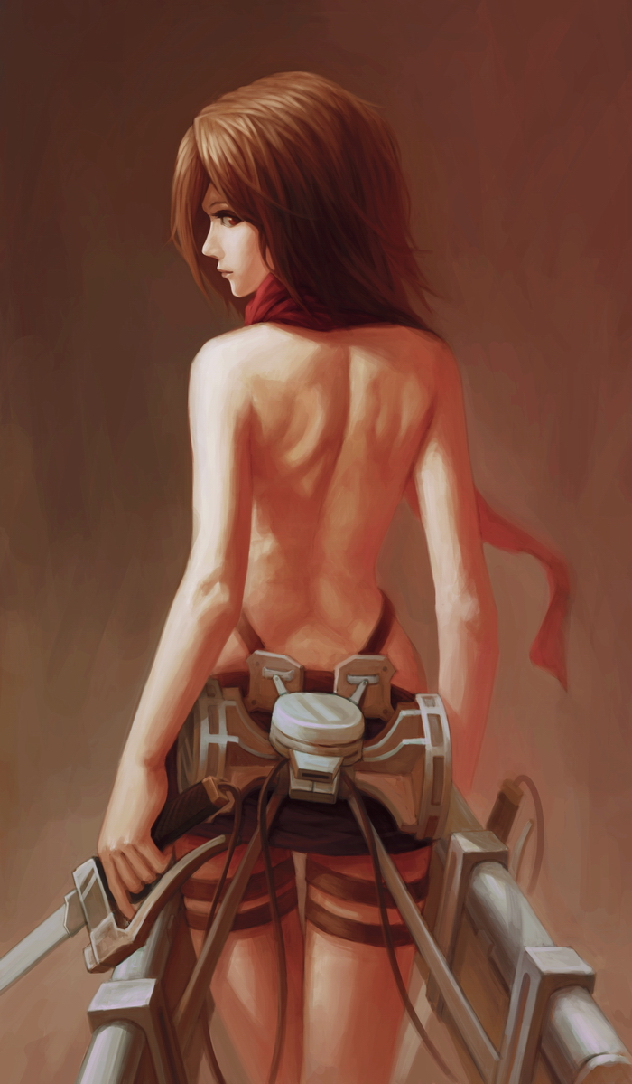 1girl back bare_back brown_hair dual_wielding from_behind harness holding holding_sword holding_weapon looking_at_viewer looking_back looking_over_shoulder mikasa_ackerman nose scarf shingeki_no_kyojin solo sword thigh_gap thigh_strap three-dimensional_maneuver_gear topless weapon yinanhuanle