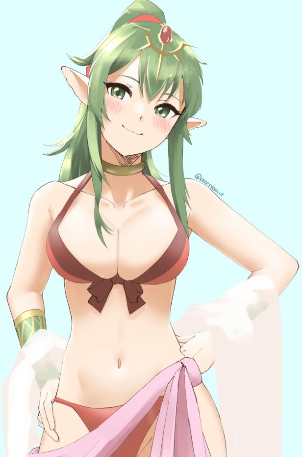 1girl 1girl 1girl alluring alternate_costume bikini blue_background blush bracelet breasts choker fire_emblem fire_emblem_awakening fire_emblem_heroes front-tie_bikini front-tie_top green_eyes green_hair hands_on_hips jewelry navel official_alternate_costume pointy_ears ponytail red_bikini skeptycally smile swimsuit symbol-only_commentary tiki_(adult)_(fire_emblem) tiki_(adult)_(summer)_(fire_emblem) tiki_(fire_emblem) twitter_username