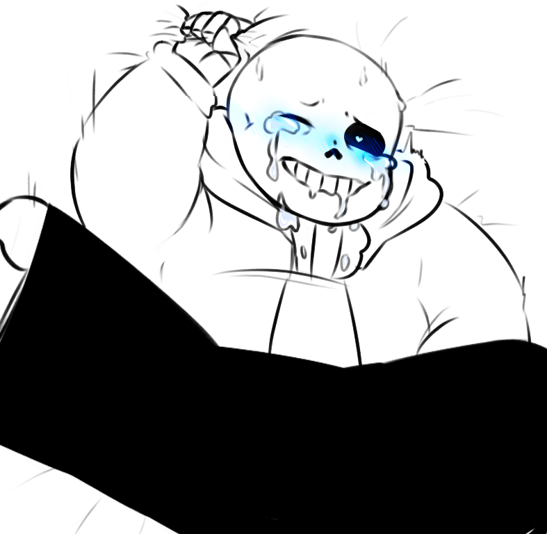 2015 animated_skeleton ass blue_blush blush bottom_sans butt chubby clothed crying drooling grabbing_sheets gripping_sheets heart-shaped_pupils heart_eyes hooded_jacket hoodie implied_sex jacket legs_apart legs_spread monster one_eye_closed sans sans_(undertale) skeleton spread_legs suckmytrombone uke_sans undead undertale undertale_(series)