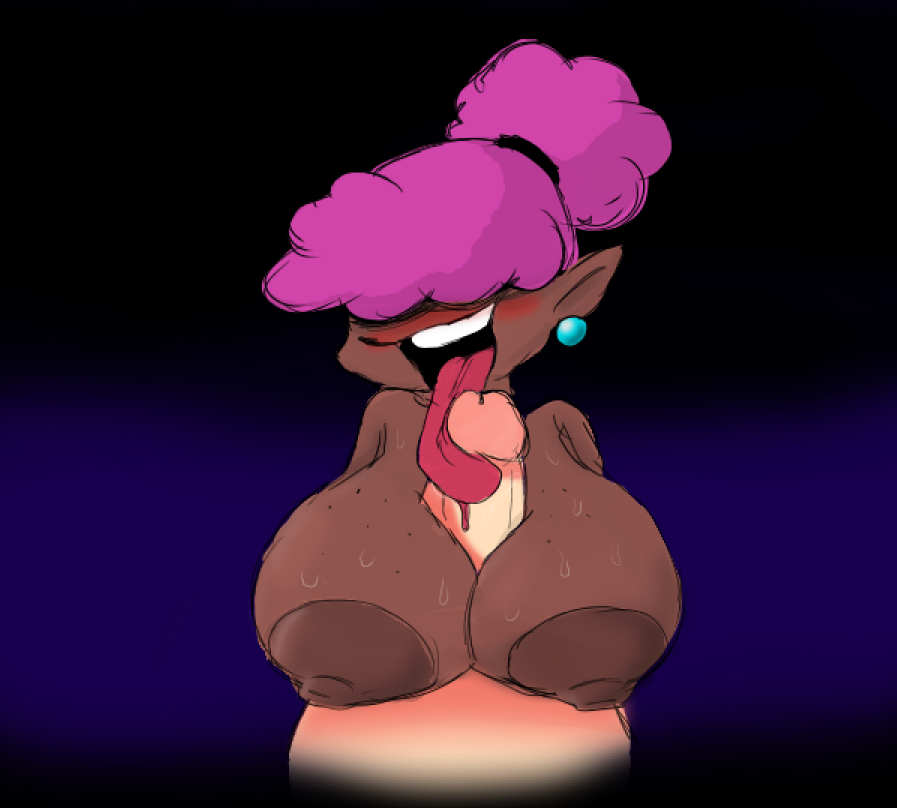 1boy 1girl artist_request big_breasts blush curly_hair dark_skin earring earrings fellatio freckles_on_breasts hair_covering_eyes hair_tied hidden_eyes large_areolae long_tongue pink_hair shaya_dearest_(fnf_b3) sweat tonguejob very_long_tongue
