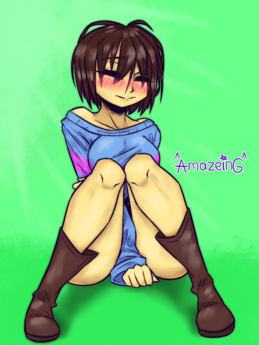 1_girl 1girl 2d 2d_(artwork) a-maze-in-g amazeing666 artist_name bad_id bad_twitter_id big_ass big_breasts blush boots breasts brown_hair closed_eyes covering_crotch digital_media_(artwork) embarrassed female female_frisk female_human female_only frisk frisk_(undertale) green_background human human_only no_panties no_pants no_shorts simple_background sitting solo solo_female solo_human sweater thick_thighs undertale undertale_(series) video_game_character video_games