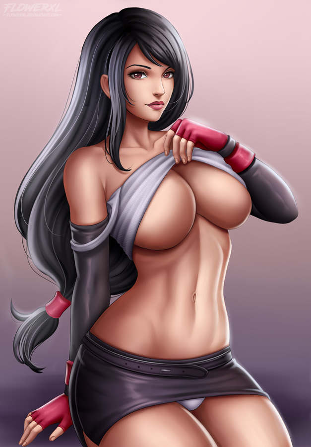 1female 1girl alternate_version_available beltskirt big_breasts black_hair black_skirt breasts cleavage female_only final_fantasy final_fantasy_vii flowerxl front_view long_hair looking_at_viewer panties pinup shirt_lift side_view skirt tifa_lockhart upskirt video_game_character